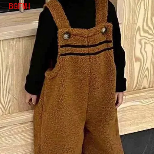 Korean Female Child Clothes Boys Infant Bottoms Children's Pants Girls Coffee Retro Lamb Wool Overalls Men's Baby Clothes 1-8 Y