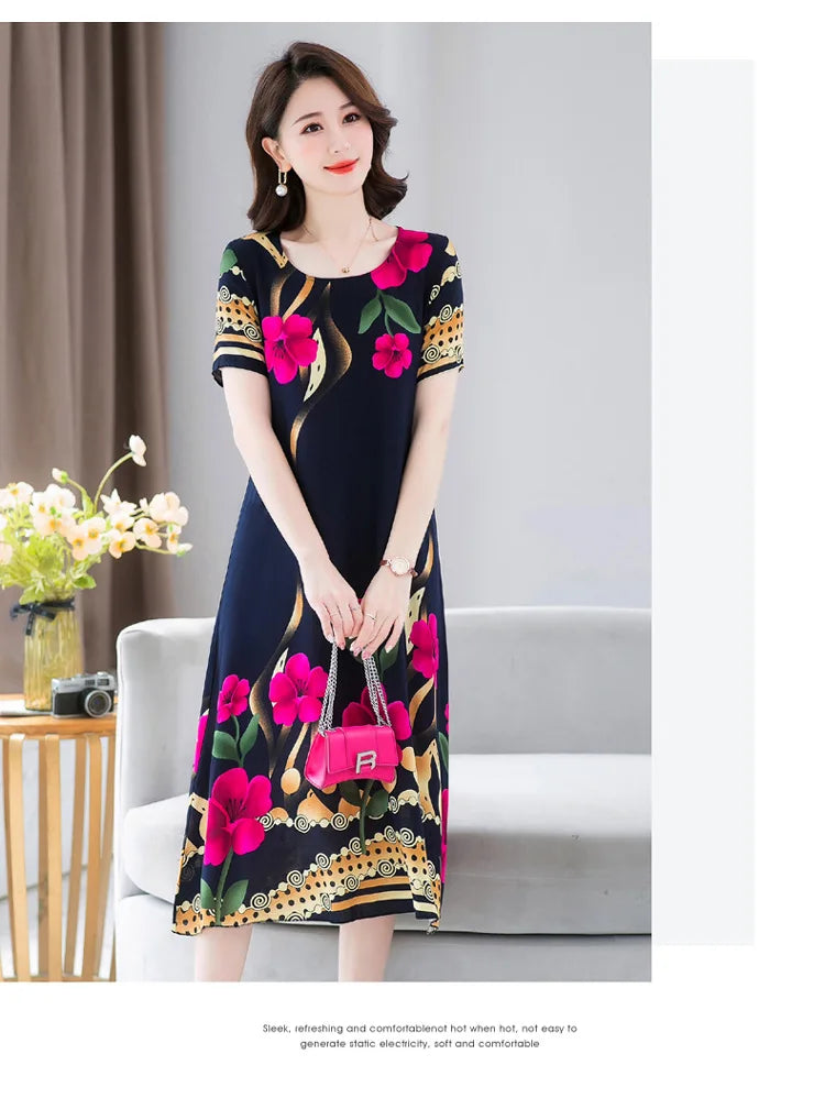 New Summer Home Clothing For Middle-aged Mothers Short Sleeve Sleepwear Dress Cotton Rayon Long Nightdress Women Nightgowns 5XL