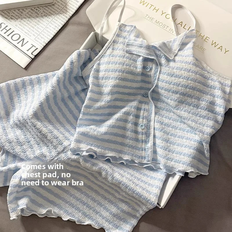 Summer new women's clothing with chest pads, striped suspenders, pajamas, girls, thin vests, shorts, loungewear, two-piece set,