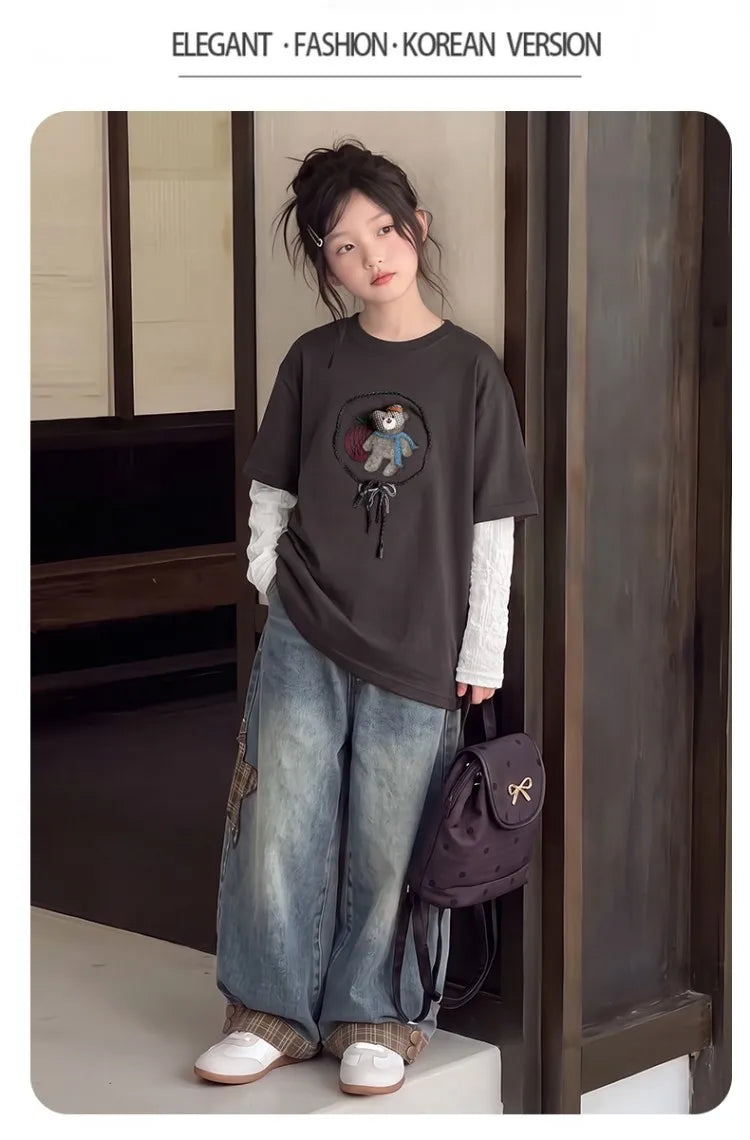Children Clothes Suit Autumn Girls Long Sleeve T‑Shirt and Wide Leg Jeans Cute Bear Plaid Star Patch