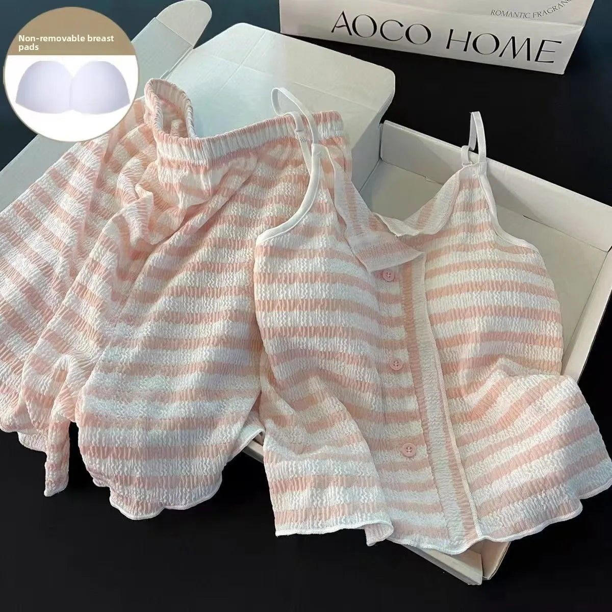 Summer new women's clothing with chest pads, striped suspenders, pajamas, girls, thin vests, shorts, loungewear, two-piece set,