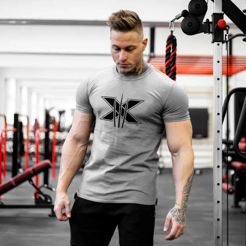 Men's Gym Fitness Clothing Man Cotton Sports Short Sleeve T-shirt Running Training Slim Printed Shirt Sweatshirt Casual Tops
