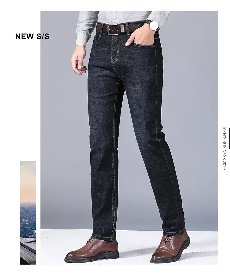 Men Fashion Straight Jeans Mens 2025 New Stretch Slim Fit Pants Comfortable Soft Business Denim Trousers Male Brand Clothing