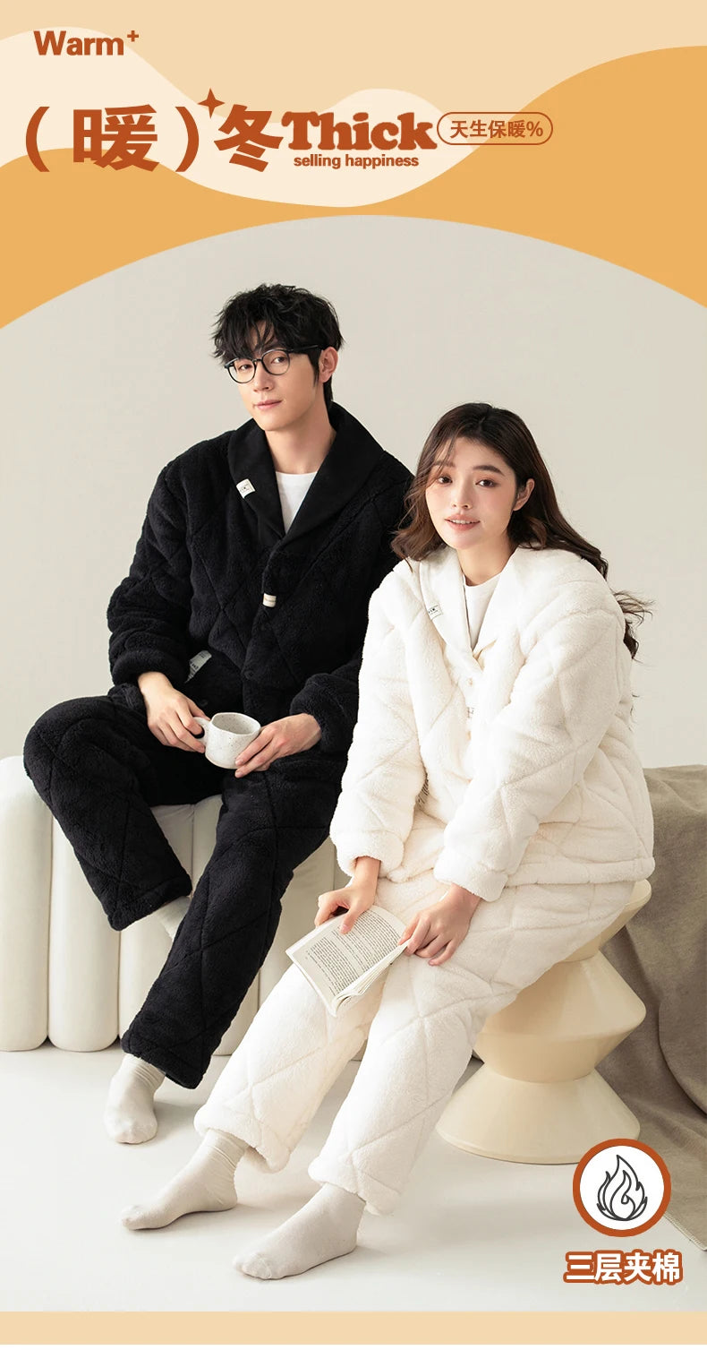 Newest winter 3 layer clip cotton pajama set couple turn-down collar pyjamas thick warm home clothing