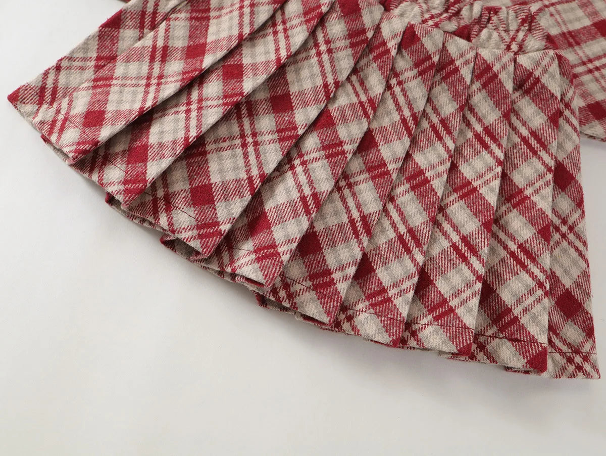 Fashion Children's Clothing Sets 2025 Autumn and Winter New Red Plaid Woolen Suit Girls' Thick Cloak Jacket+ Pleated Skirt