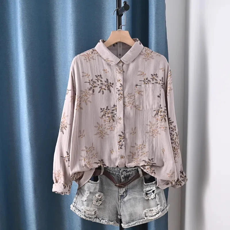 Middle Aged Women Clothing 100% Cotton Yarn Printed Shirts Long Sleeve Blouses for Women Spring Vintage Clothing