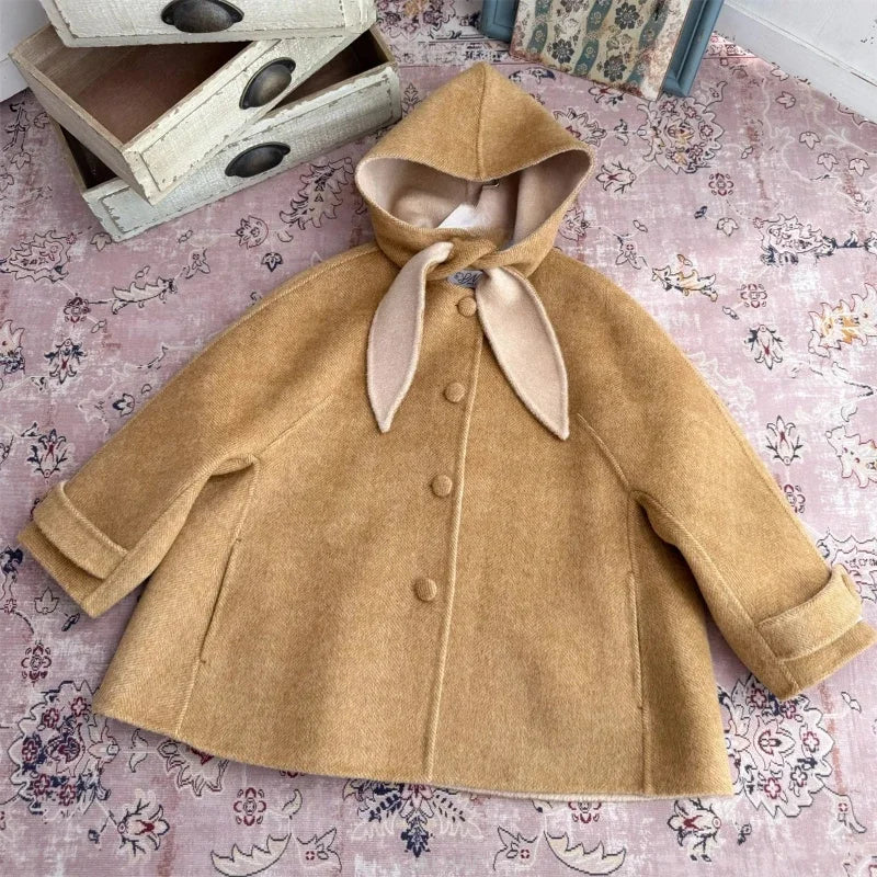 Teen Girl Clothes 2025 Children Wool Double Faced Girls Coat Clothes Kids Herringbone Outerwear Costumes Hooded Cape Handmade