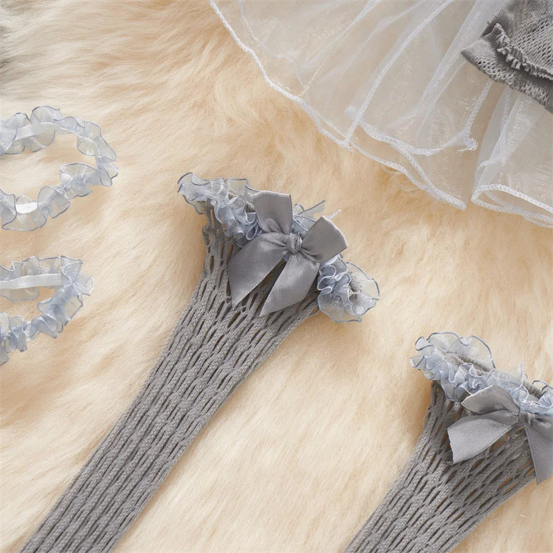 Women Clothing Hotsweet Bodysuit Cute Lolita Mini Dress Vest Ruffle Bow Pleat Cake Skirts Patchwork Mesh Hollowed-out Playsuits