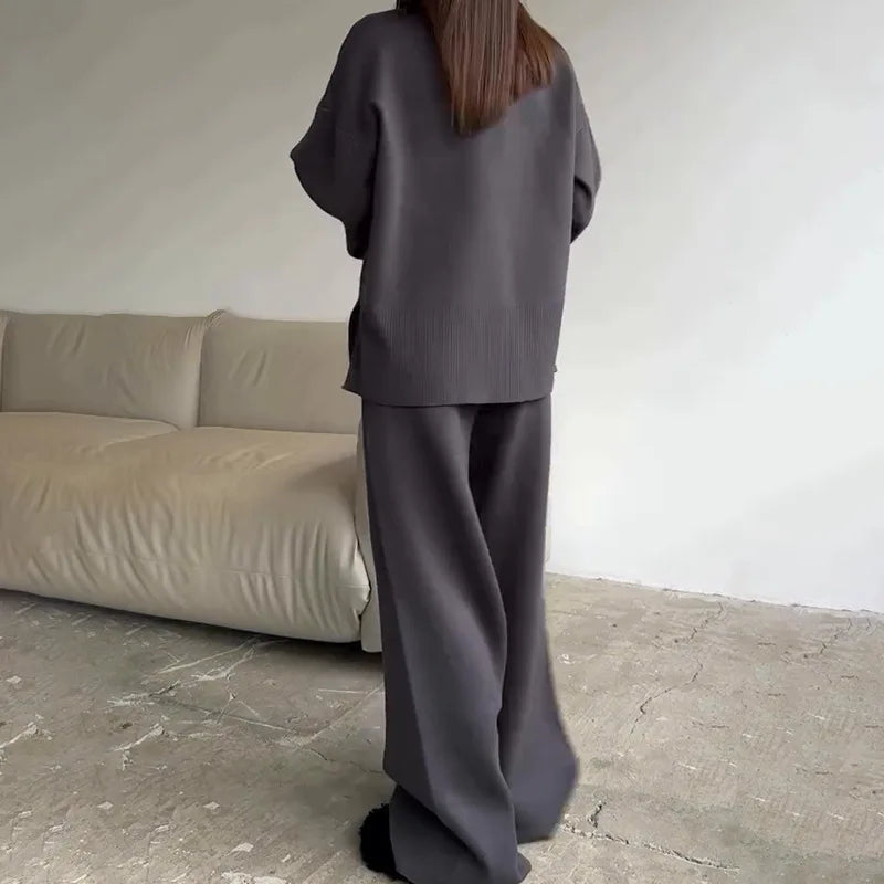 Women's Clothing 2025 Autumn New Solid Color Round Neck Fashion Casual Wide Leg Pants Sweater Suit Female