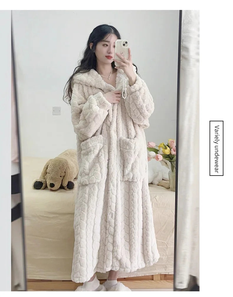 New 2026 Autumn Winter Women's Facecloth Robes Coral Velvet Long Section Cute Sweet Home Wear Lazy Sleeper Robe Pajamas Female