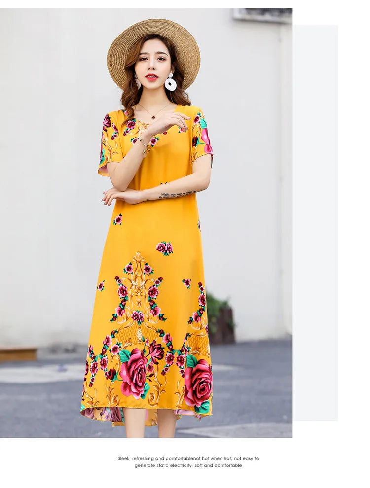 New Summer Home Clothing For Middle-aged Mothers Short Sleeve Sleepwear Dress Cotton Rayon Long Nightdress Women Nightgowns 5XL