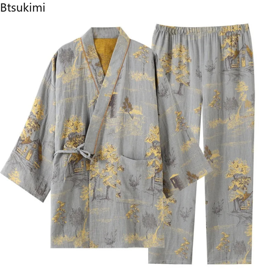 Men's Roomwear Cotton Kimono Pajamas Robes for Spring Jacquard Printed Home Clothing Medium Length Oversized Breathable Bathrobe