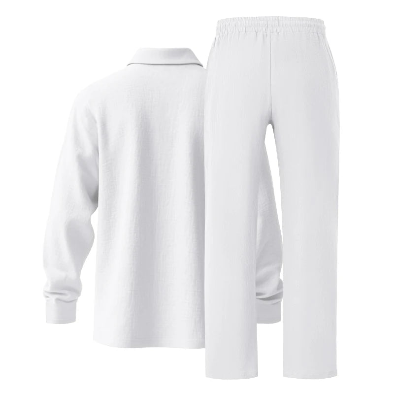 Men's Clothing Set Linen Two-Piece Set: Long-Sleeve Polo Shirt and Straight-Leg Pants Set, Casual Beach Sportswear