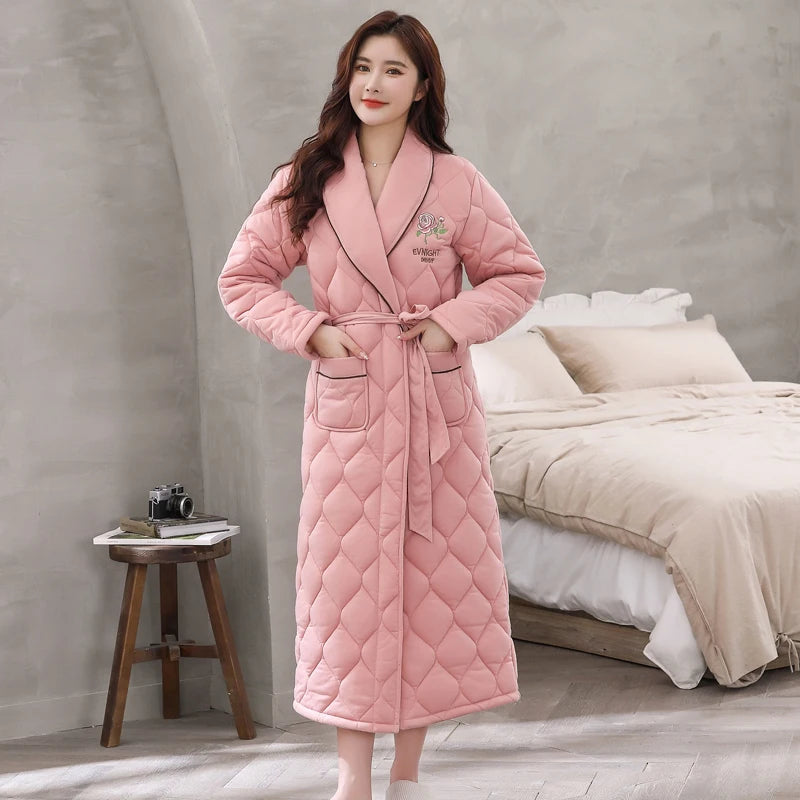 Peignoir Homme Women Robe Winter Warm Cotton Quilted Women's Bathrobe Nightgown Dressing Gown Sleepwear Female Home Clothing