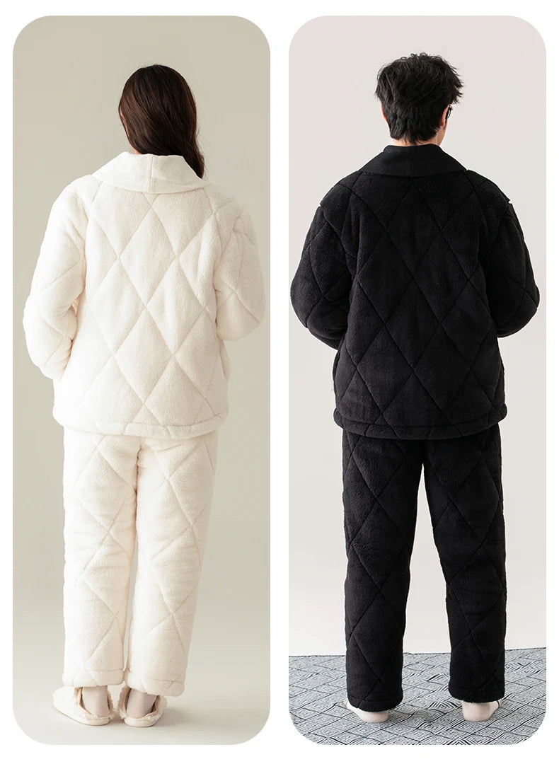 Newest winter 3 layer clip cotton pajama set couple turn-down collar pyjamas thick warm home clothing