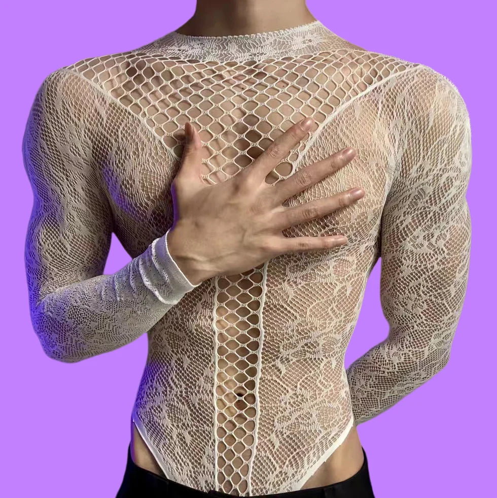 Men's Christmas Bodysuits Male Long Sleeved Uniforms Autumn Winter Underwear Fetish Breathable Gentlemen Mesh Clothes White Red