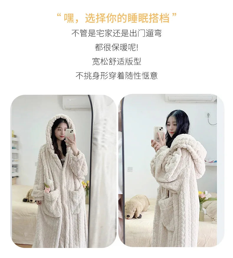 New 2026 Autumn Winter Women's Facecloth Robes Coral Velvet Long Section Cute Sweet Home Wear Lazy Sleeper Robe Pajamas Female