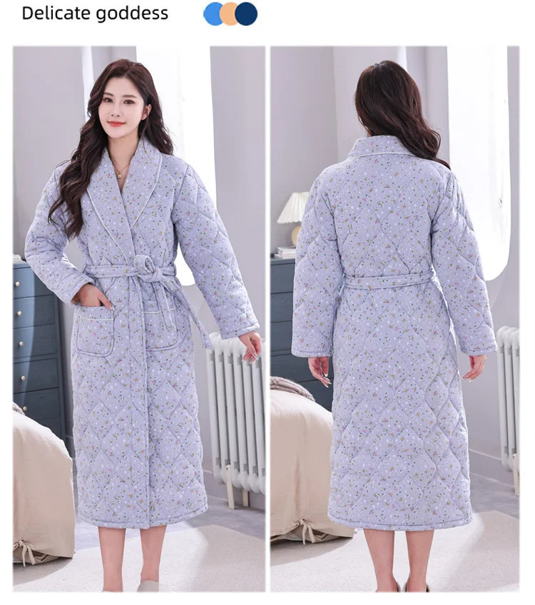 Peignoir Homme Women Robe Winter Warm Cotton Quilted Women's Bathrobe Nightgown Dressing Gown Sleepwear Female Home Clothing