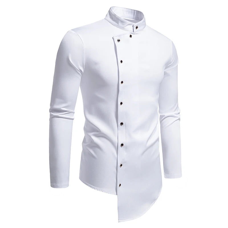 Mens Dress Shirts Vintage Personality Irregular Crop Long Sleeve Business Stand Collar Shirt Men Camisas Streetwear Blusas Tops