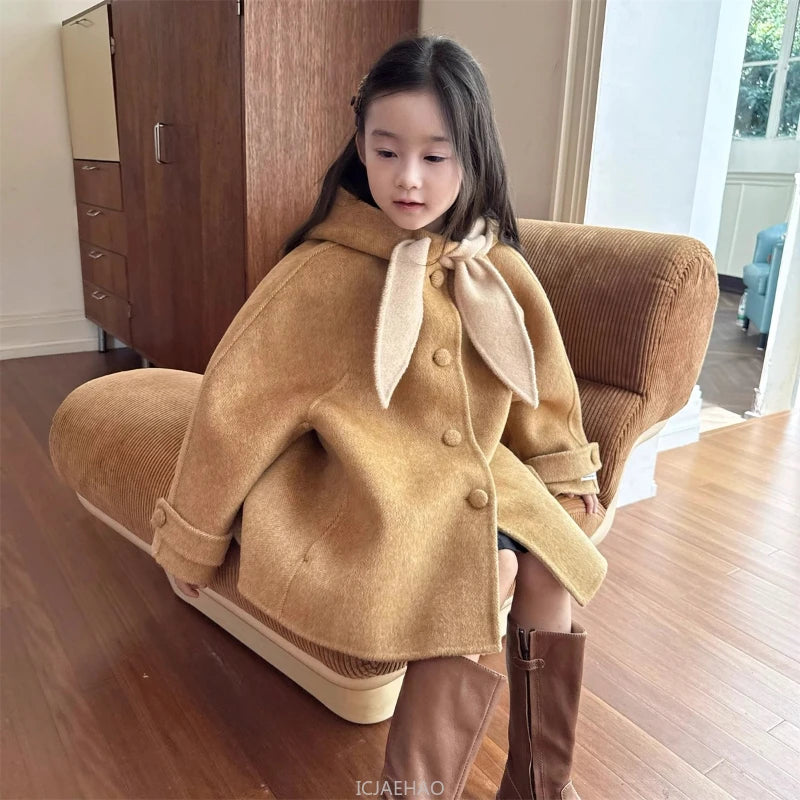 Teen Girl Clothes 2025 Children Wool Double Faced Girls Coat Clothes Kids Herringbone Outerwear Costumes Hooded Cape Handmade