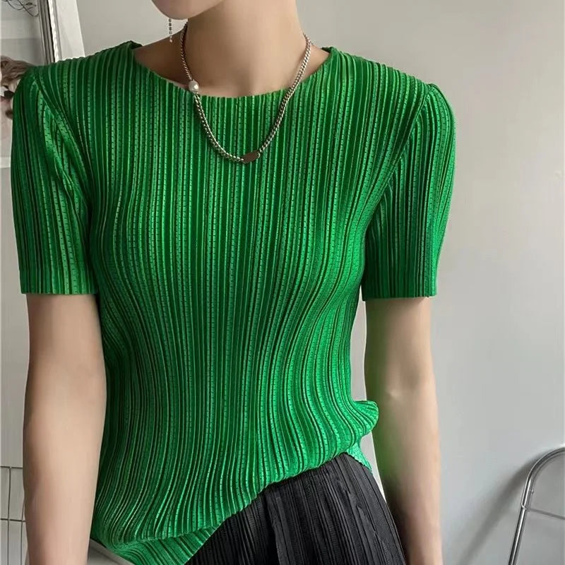 Woman Clothing  Top Women Miyake Pleated Short-sleeved Female Summer Thin Elastic Round Neck Joker Slim Pleated Hollow T-shirt