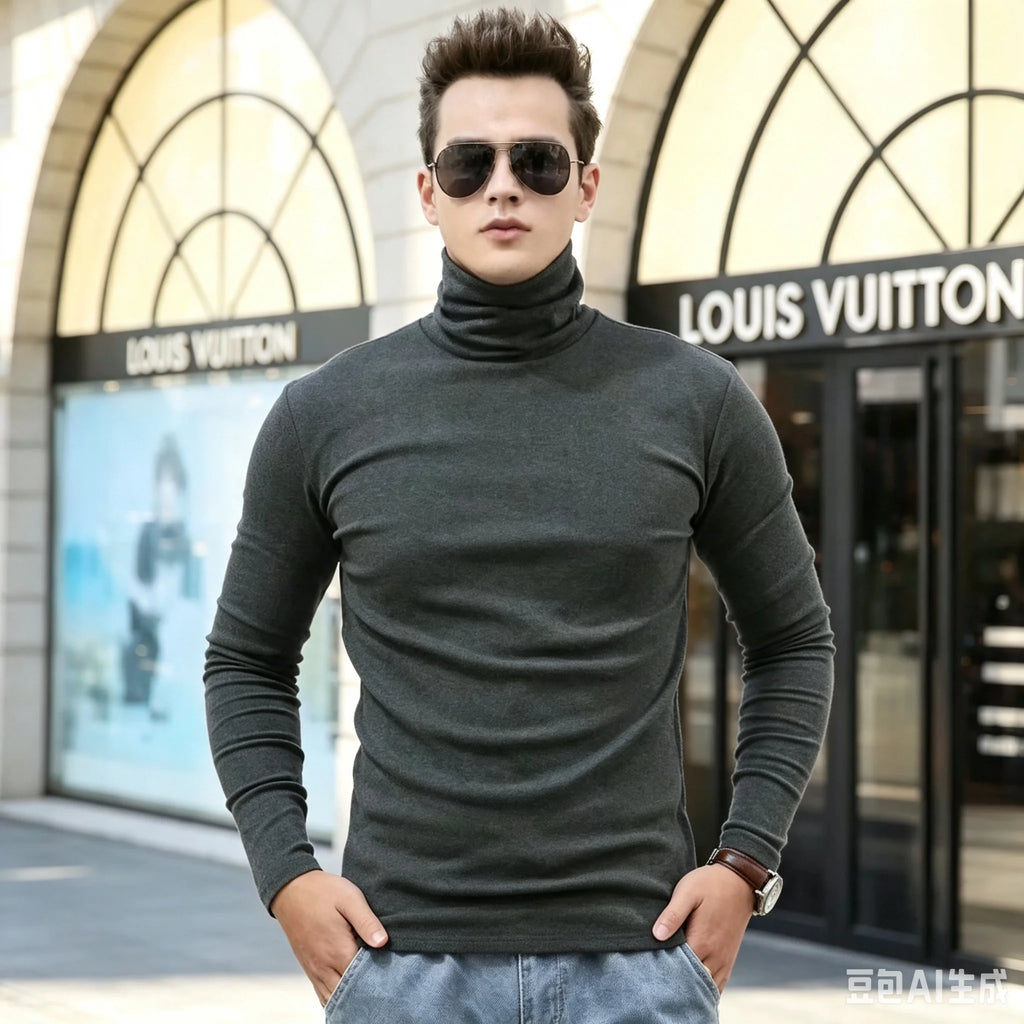 Men's Autumn and Winter Clothing, Warm High Neck T-Shirt, Slim Fit, Fashionable, High Stretch Long Sleeved Casual Breathable Pul