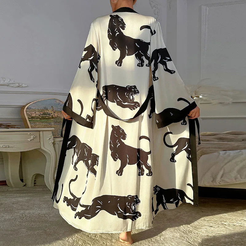 Wedding Party Dress Fashion Printed Robe Women's Clothing Loose Silk Satin Sleepwear Night Gowns Long Sleeve Ladies Bathrobe