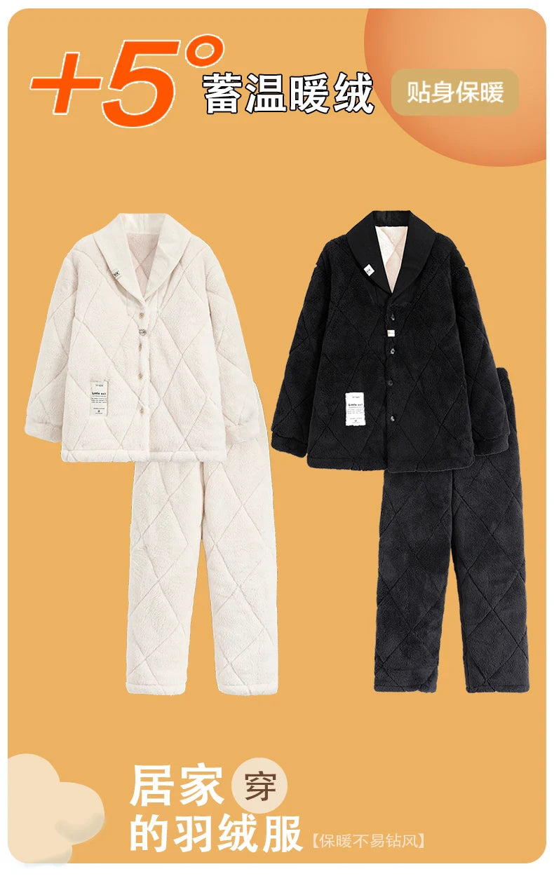 Newest winter 3 layer clip cotton pajama set couple turn-down collar pyjamas thick warm home clothing