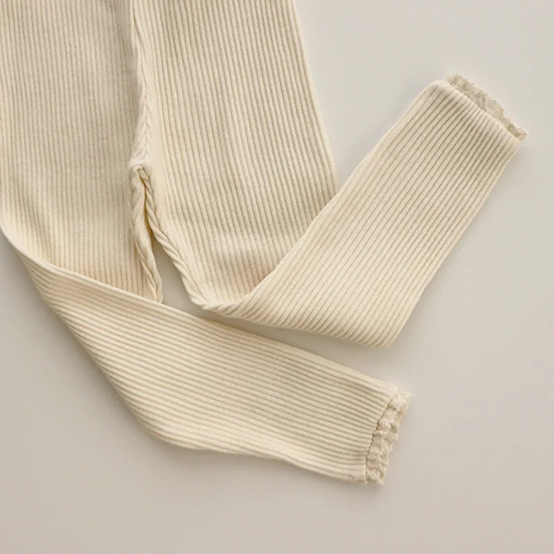Autumn New Baby Ribbed Lace Leggings Girl Toddler Casual Cotton Trouser Boy Infant Solid Kintted Pants Kid Bottoming Pants