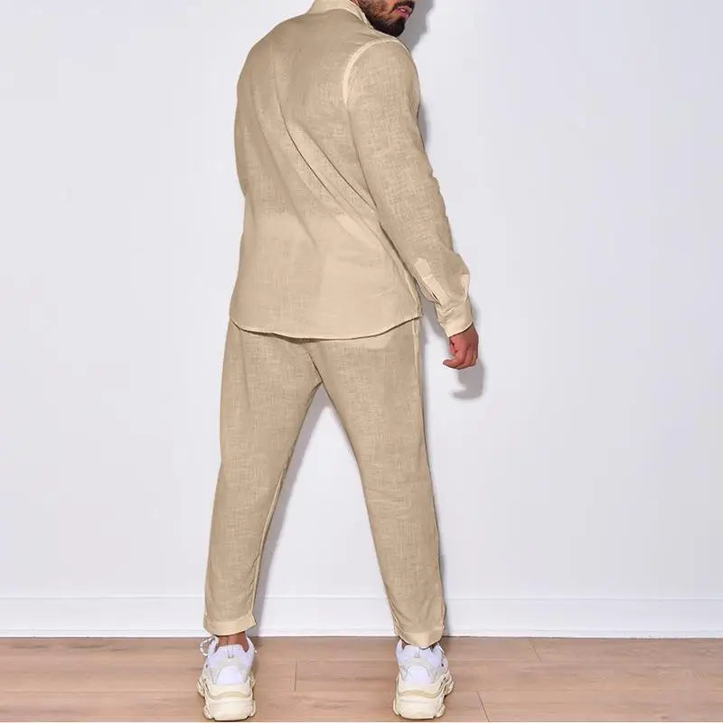 Mens Sets Linen Spring Autumn Leisure Suit Long Sleeve Shirts and Trousers Two Piece Sets Fashion Men Hot Sales Comfortable