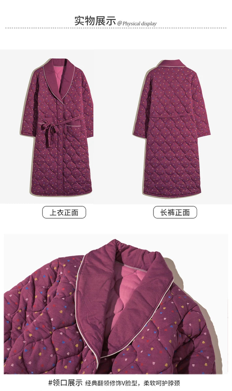 Peignoir Homme Women Robe Winter Warm Cotton Quilted Women's Bathrobe Nightgown Dressing Gown Sleepwear Female Home Clothing