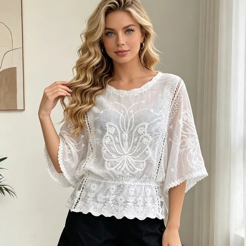 Women's Blouse Summer Fashion Elegant Women's Chiffon Shirt Hollow Out Three Quarter Shirts Butterfly Flower Lady Tops Clothing