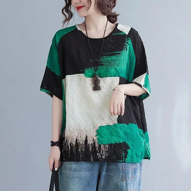 Women Clothing 2025 New Summer Clothing New Style Retro Loose Cotton Linen Short-sleeved T-shirt Top