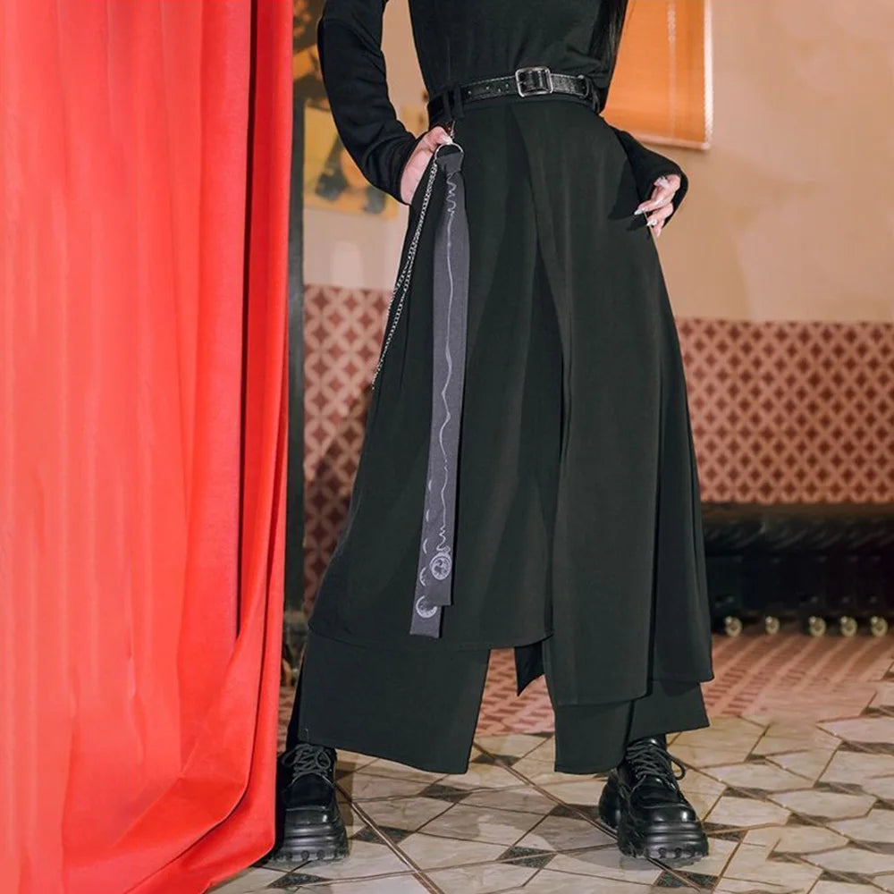 Mens Gothic Culottes Irregular Double Layer Japanese Samurai Skirt Ribbon Chain Loose Casual Hakama Pants Men'S Clothing Unisex