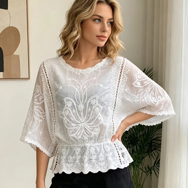 Women's Blouse Summer Fashion Elegant Women's Chiffon Shirt Hollow Out Three Quarter Shirts Butterfly Flower Lady Tops Clothing