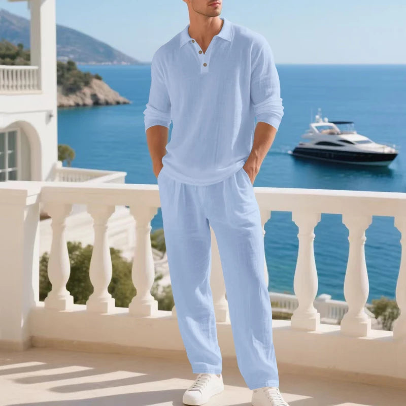Men's Clothing Set Linen Two-Piece Set: Long-Sleeve Polo Shirt and Straight-Leg Pants Set, Casual Beach Sportswear