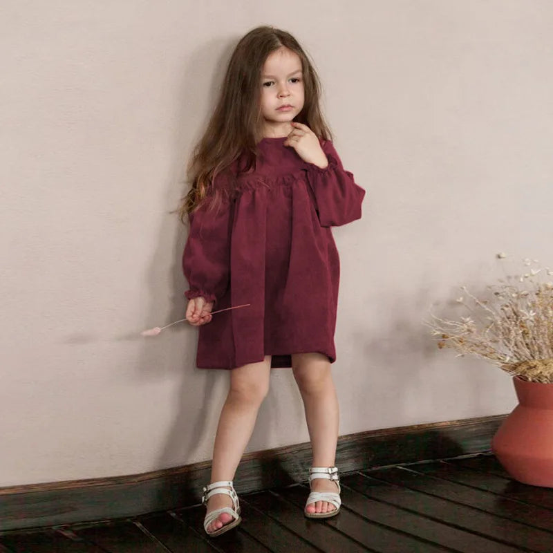 Children Clothing 2025 Autumn and Winter New Corduroy Long Sleeved Girls Baby Round Neck Lace Sleeves Cute Dress