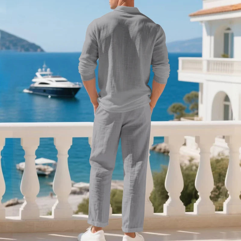 Men's Clothing Set Linen Two-Piece Set: Long-Sleeve Polo Shirt and Straight-Leg Pants Set, Casual Beach Sportswear