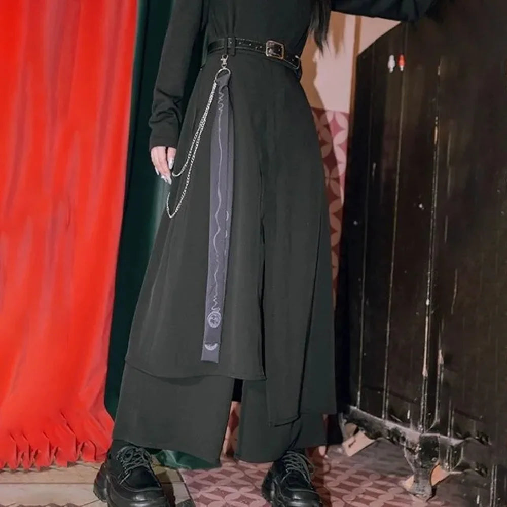 Mens Gothic Culottes Irregular Double Layer Japanese Samurai Skirt Ribbon Chain Loose Casual Hakama Pants Men'S Clothing Unisex