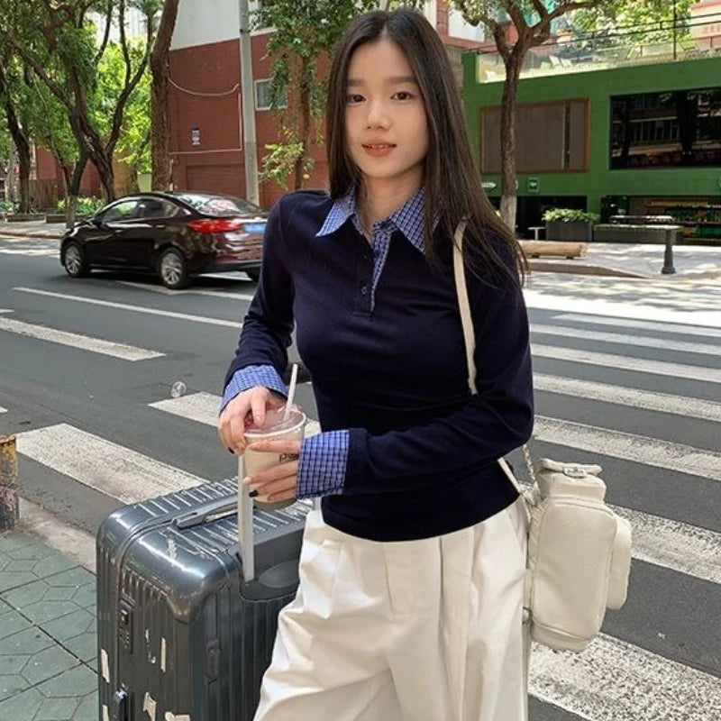 2026 Women Clothing Fake Two T Shirts Long Sleeve Tunic Camisetas Patchwork Plaid Fashion Tees Casual Korean Tshirt Ropa Mujer