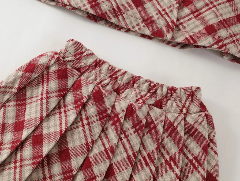 Fashion Children's Clothing Sets 2025 Autumn and Winter New Red Plaid Woolen Suit Girls' Thick Cloak Jacket+ Pleated Skirt