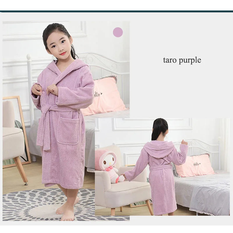 Children Bathrobe 100% Cotton Thickened Soft Hooded Belted Towel Robe for Boys Girls Aged 2-12 Years