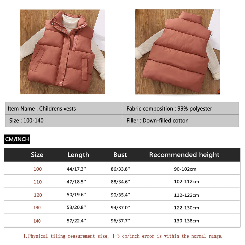 Children's Down Cotton Jacket,Girls Winter Vest,Warm Sleeveless Fleece Boys Waistcoat,Stand Collar Toddlers Quilted Coat