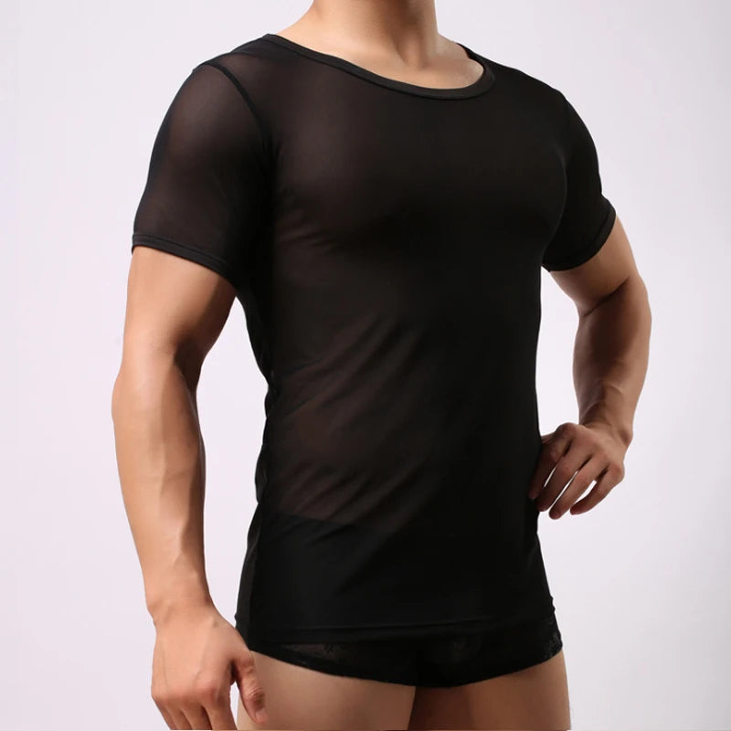Mens T-shirt Sexy Transparent Sheer Mesh Breathable Underwear See Through Short Sleeve Undershirt Fitness Casual Tops Tees