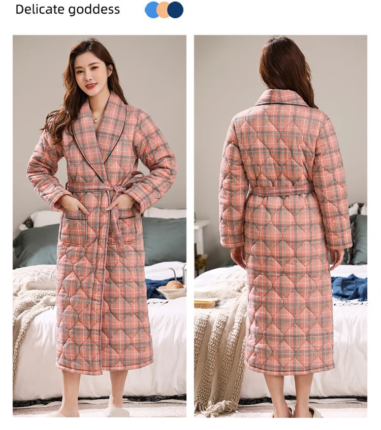 Peignoir Homme Women Robe Winter Warm Cotton Quilted Women's Bathrobe Nightgown Dressing Gown Sleepwear Female Home Clothing