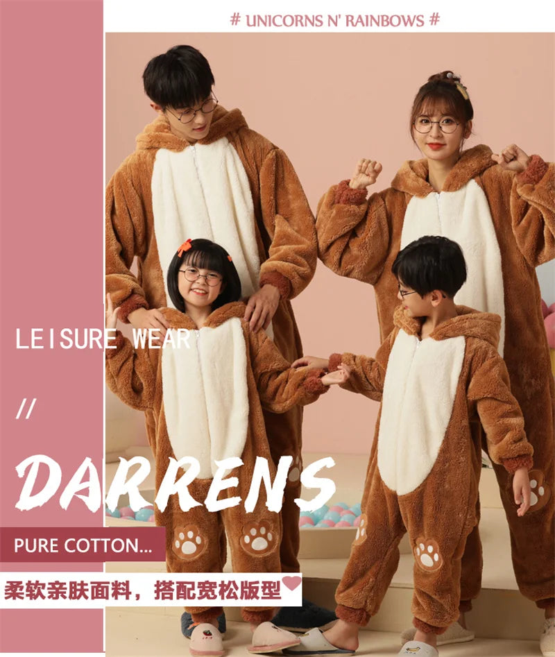 Winter Family Parent-Child Outfit Pijamas Onesie Animal Kawaii Panda Sleepwear Thicken Soft Warm Hoodies Jumpsuits Pyjama