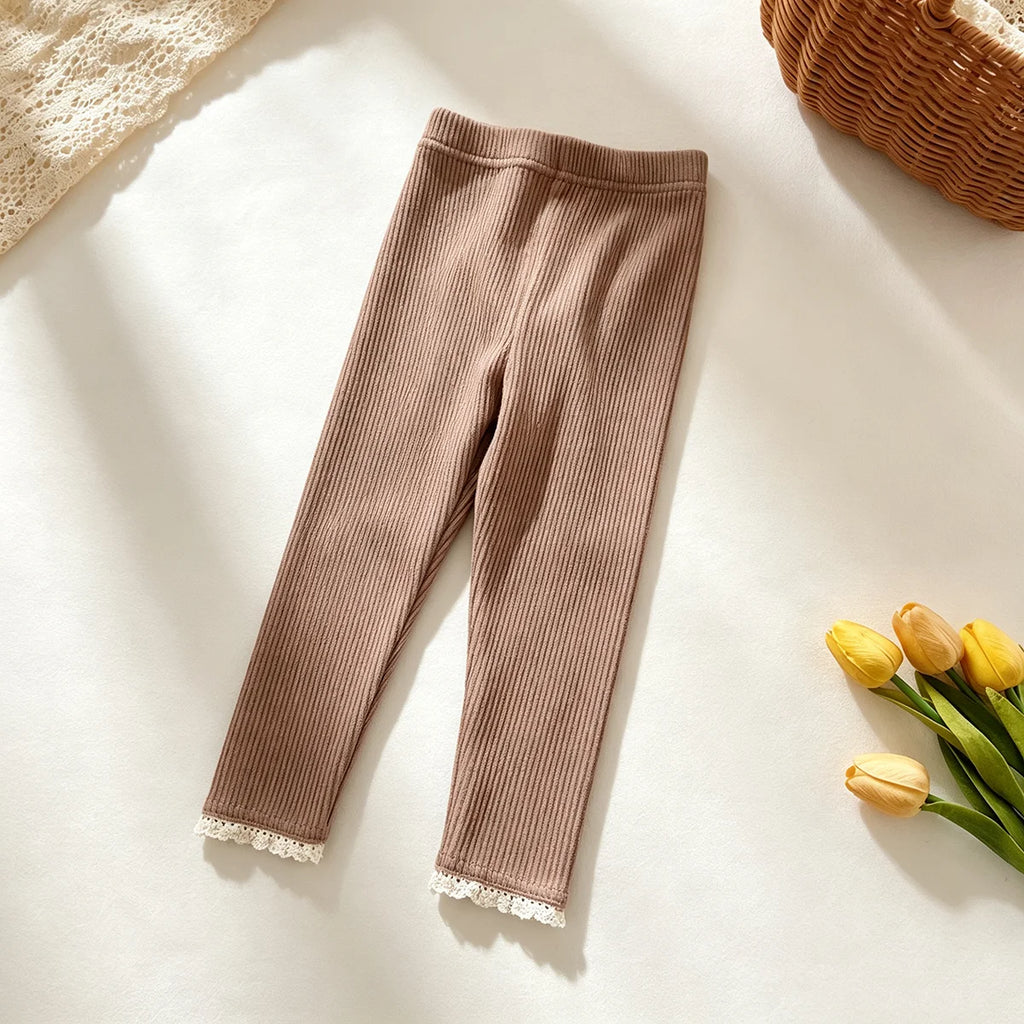 Autumn New Baby Ribbed Lace Leggings Girl Toddler Casual Cotton Trouser Boy Infant Solid Kintted Pants Kid Bottoming Pants