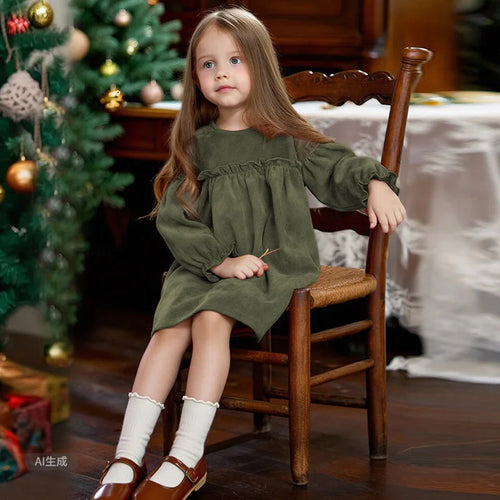 Children Clothing 2025 Autumn and Winter New Corduroy Long Sleeved Girls Baby Round Neck Lace Sleeves Cute Dress
