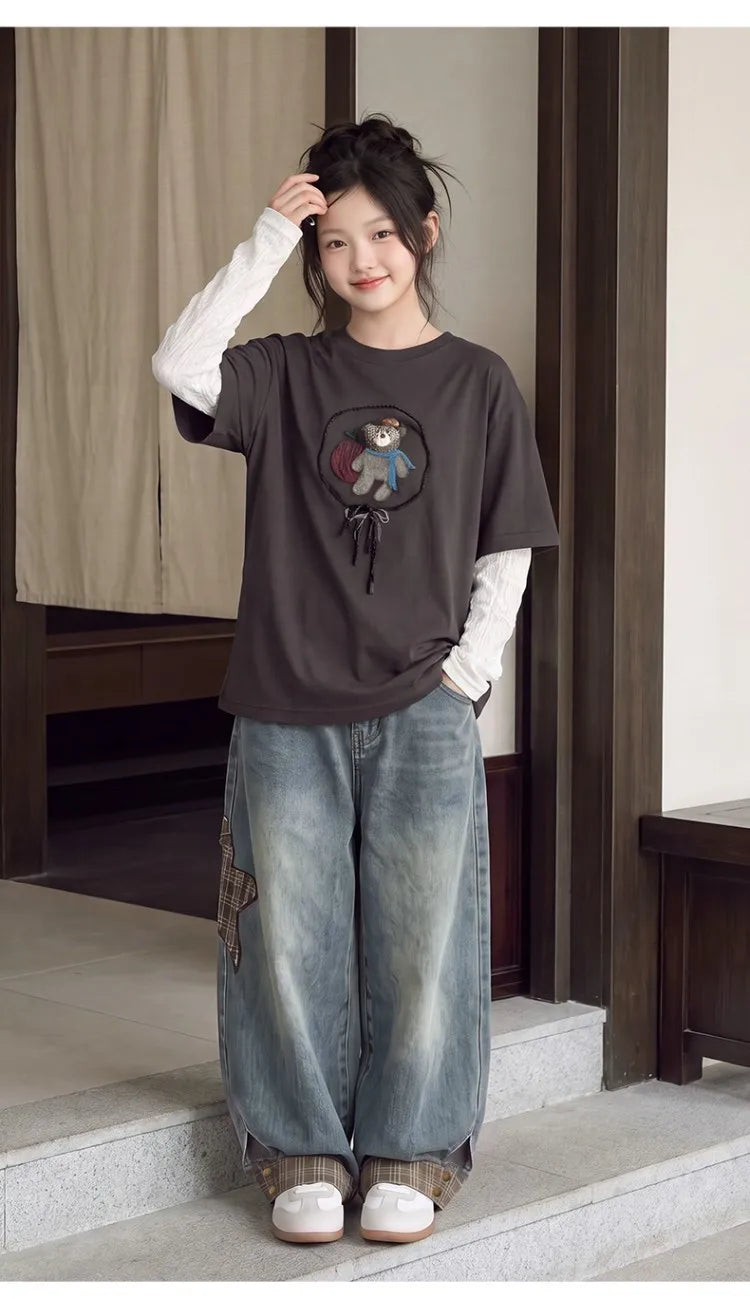 Children Clothes Suit Autumn Girls Long Sleeve T‑Shirt and Wide Leg Jeans Cute Bear Plaid Star Patch