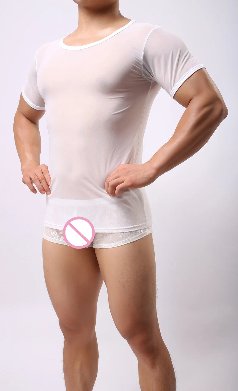 Mens T-shirt Sexy Transparent Sheer Mesh Breathable Underwear See Through Short Sleeve Undershirt Fitness Casual Tops Tees